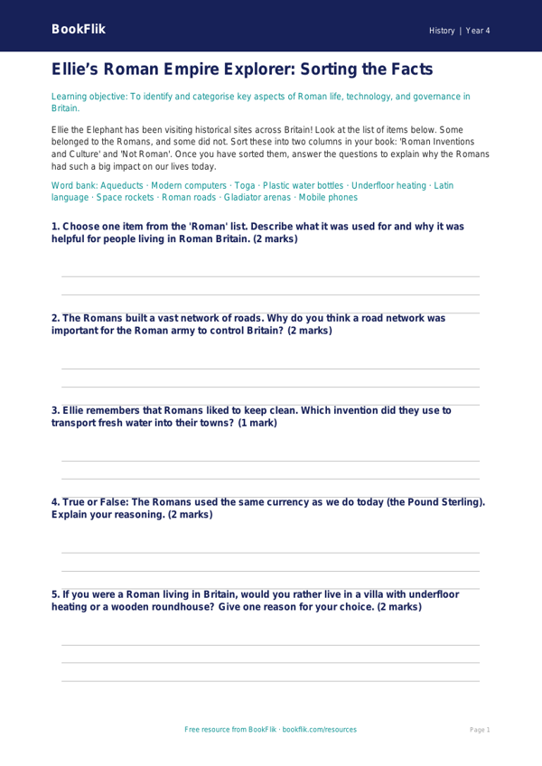 History romans activity sheet year 4 core worksheet preview — History Romans