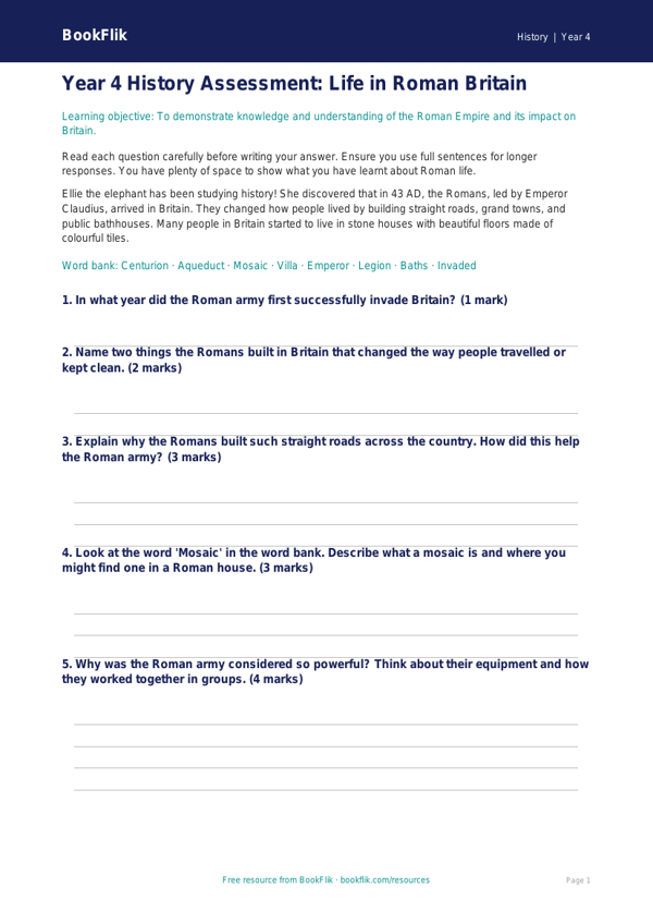 Free Romans Assessment | Year 4 | History | BookFlik worksheet preview — History Romans