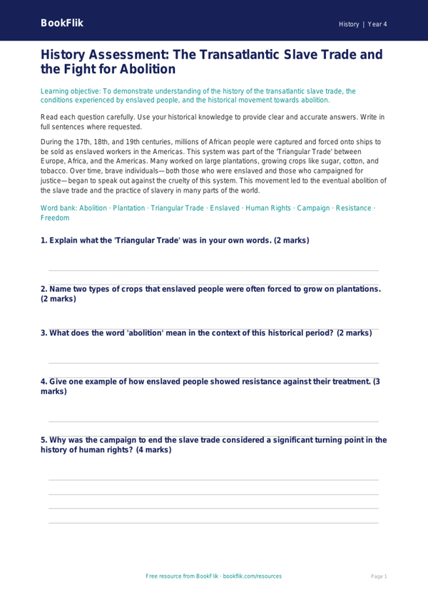 History slavery assessment year 4 core worksheet preview — History Slavery