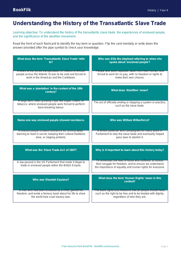 Free Slavery Flashcards | Year 4 | History | BookFlik worksheet preview — History Slavery