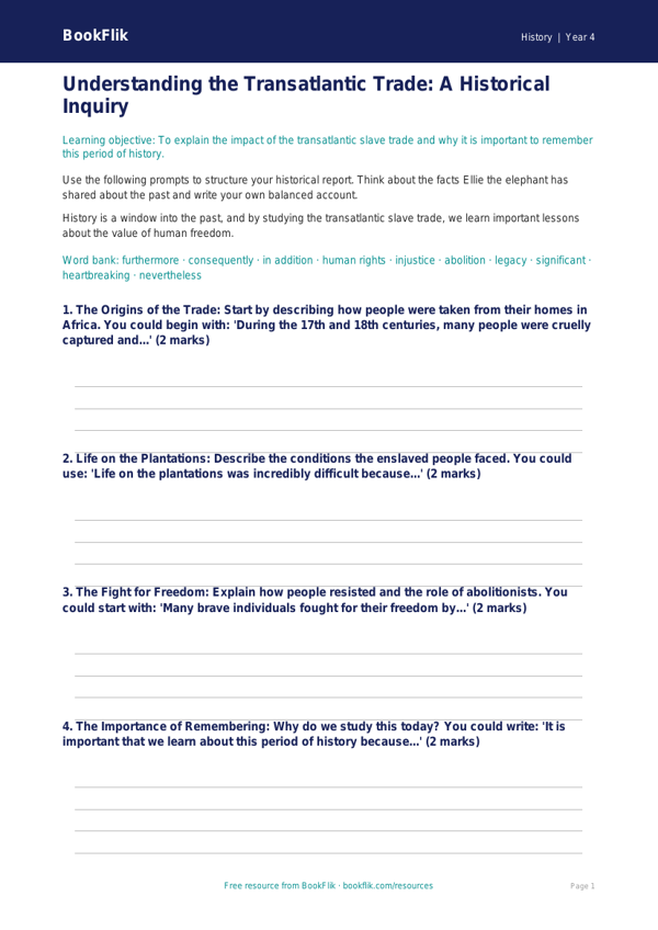 Free Slavery Writing Frame | Year 4 | History | BookFlik worksheet preview — History Slavery