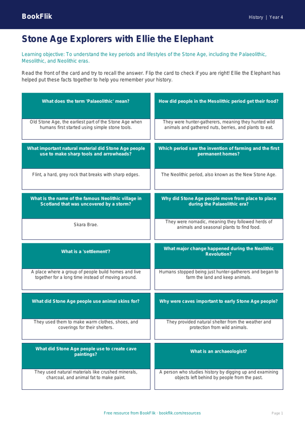 Free Stone Age Flashcards | Year 4 | History | BookFlik worksheet preview — History Stone Age