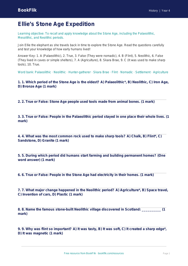 Free Stone Age Quiz | Year 4 | History | BookFlik worksheet preview — History Stone Age
