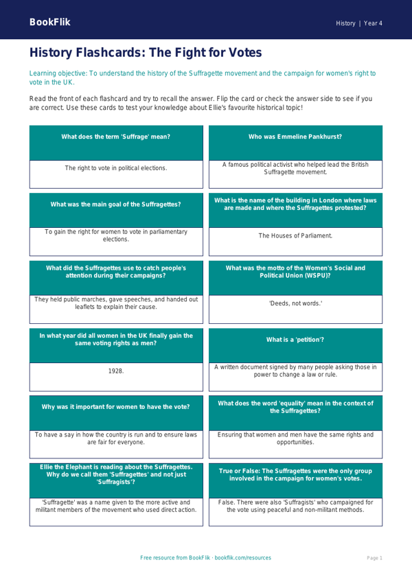 Free Suffragettes Flashcards | Year 4 | History | BookFlik worksheet preview — History Suffragettes