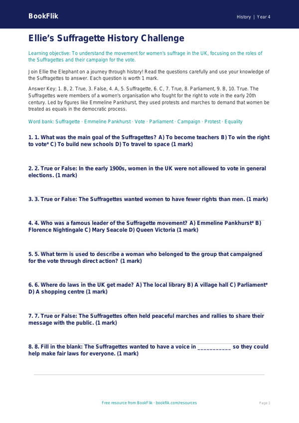 Free Suffragettes Quiz | Year 4 | History | BookFlik worksheet preview — History Suffragettes