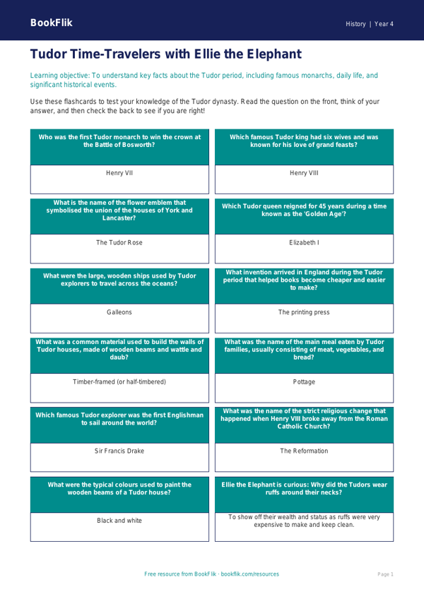 History tudors flashcards year 4 core worksheet preview — History Tudors
