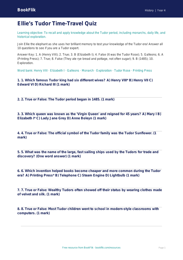 Tudors Quiz for Year 4 | Australian Curriculum History | BookFlik worksheet preview — History Tudors