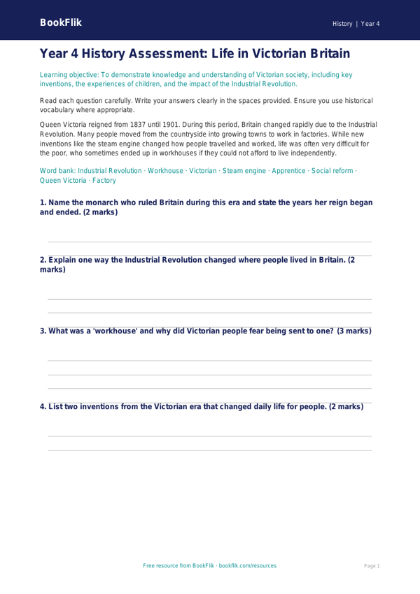 Free Victorians Assessment | Year 4 | History | BookFlik worksheet preview — History Victorians
