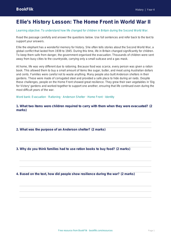 History ww2 comprehension year 4 core worksheet preview — History Ww2