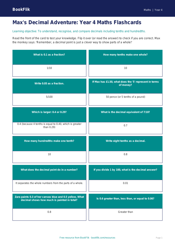 Free Decimals Flashcards for Year 4 Maths Students | BookFlik worksheet preview — Maths Decimals