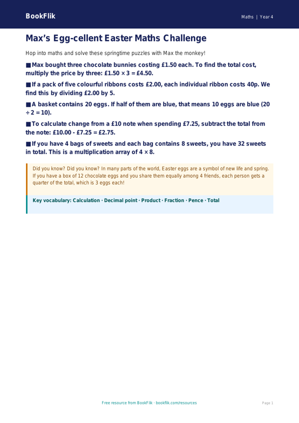 Free Easter Maths Poster | Year 4 | Maths | BookFlik worksheet preview — Maths Easter Maths