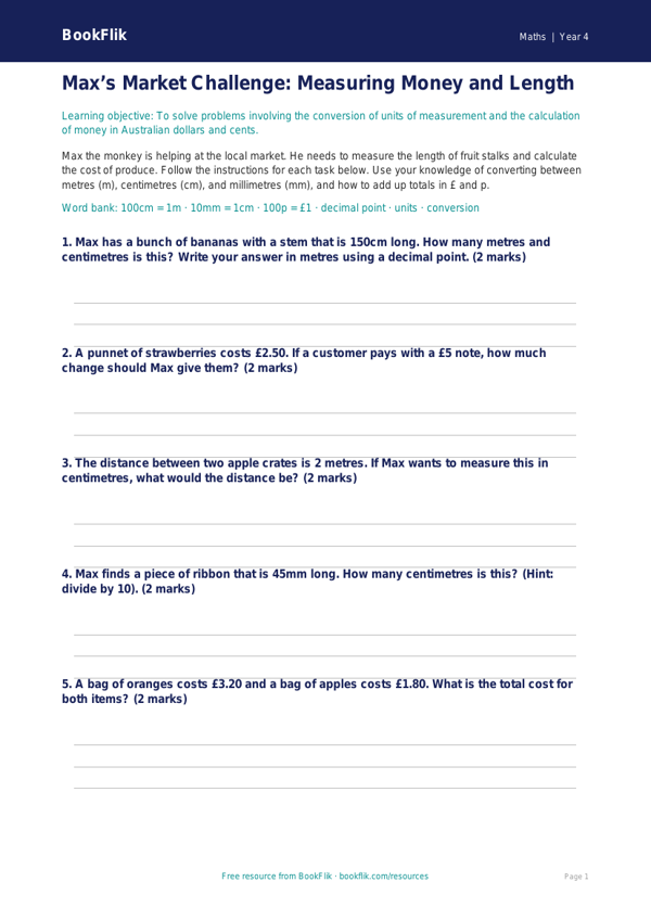 Free Measurement Activity Sheet | Year 4 | Maths | BookFlik worksheet preview — Maths Measurement