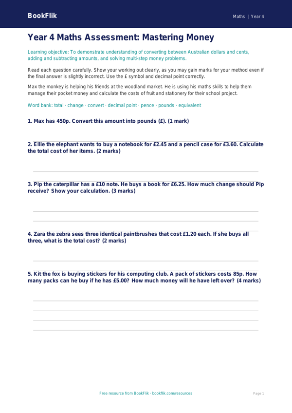 Free Money Assessment for Year 4 Maths | BookFlik worksheet preview — Maths Money
