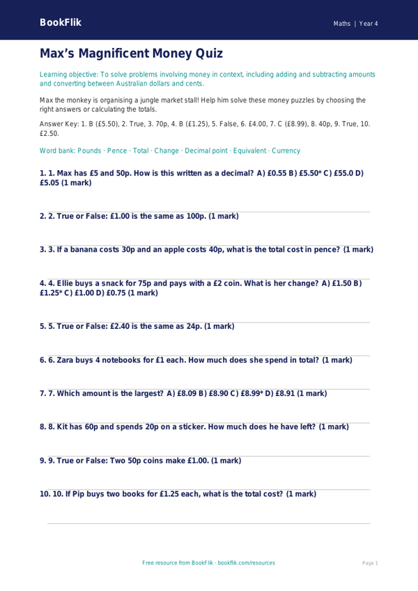 Free Money Quiz for Year 4 Maths | BookFlik worksheet preview — Maths Money