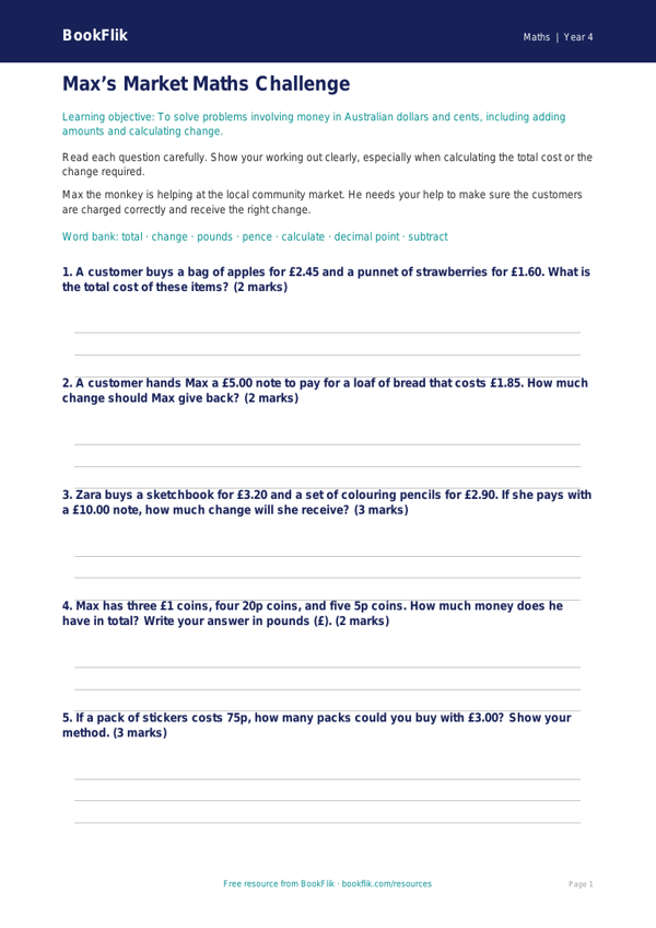 Free Money Worksheet for Year 4 Maths | BookFlik worksheet preview — Maths Money