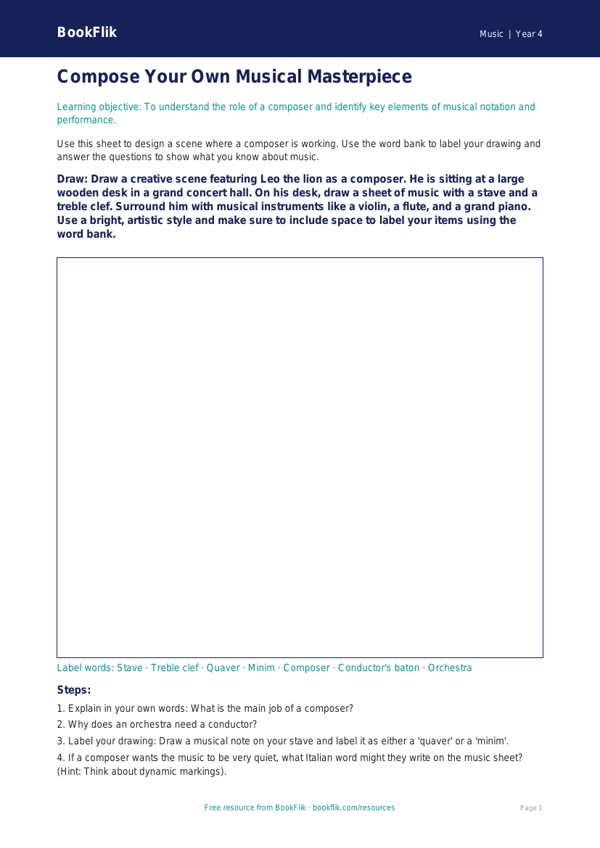 Free Composers Drawing Sheet | Year 4 | Music | BookFlik worksheet preview — Music Composers
