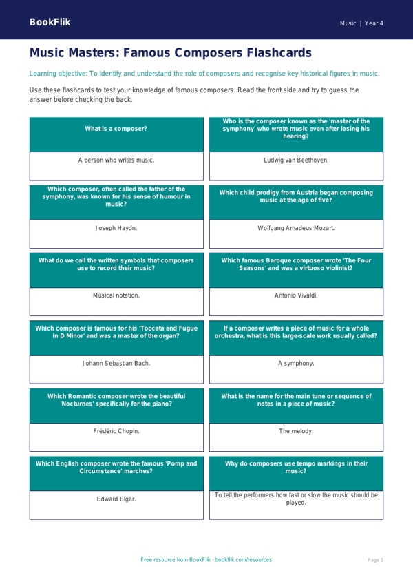 Music composers flashcards year 4 core worksheet preview — Music Composers