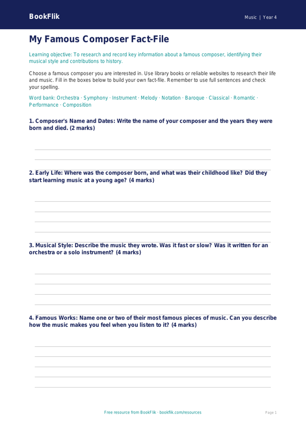 Free Composers Template | Year 4 | Music | BookFlik worksheet preview — Music Composers
