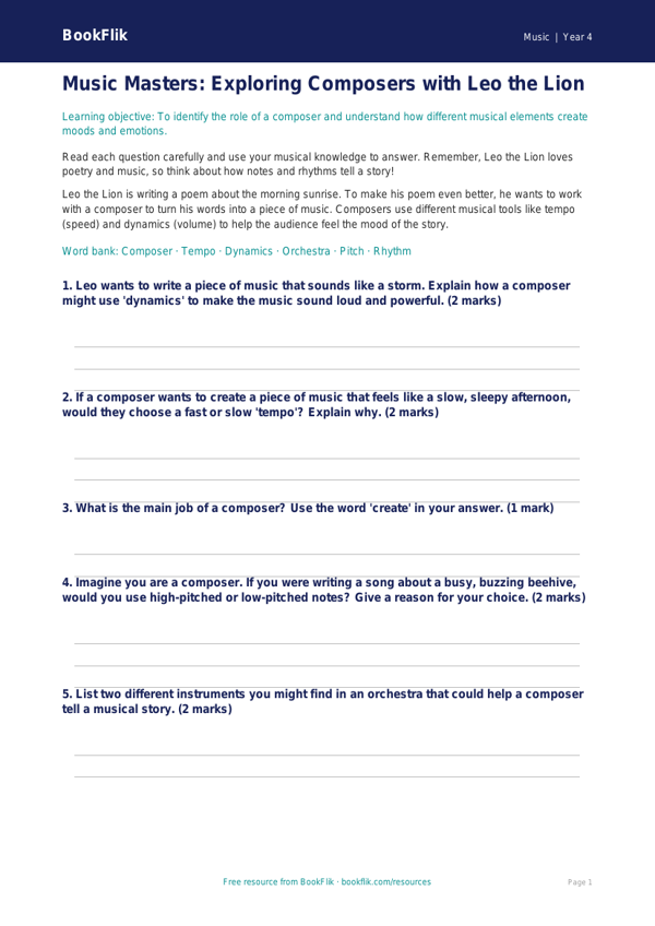 Free Composers Worksheet | Year 4 | Music | BookFlik worksheet preview — Music Composers