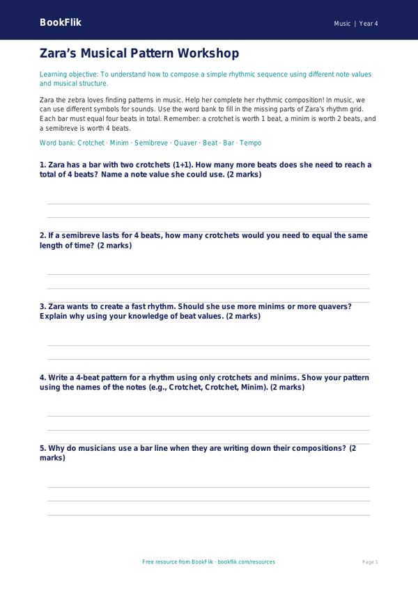 Free Composition Activity Sheet | Year 4 | Music | BookFlik worksheet preview — Music Composition