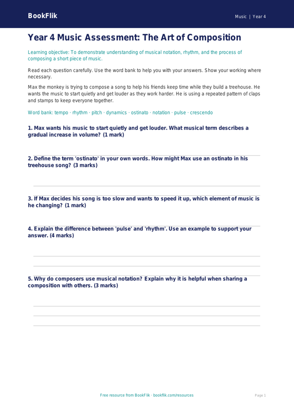 Free Music Composition Assessment for Year 4 Students - BookFlik worksheet preview — Music Composition