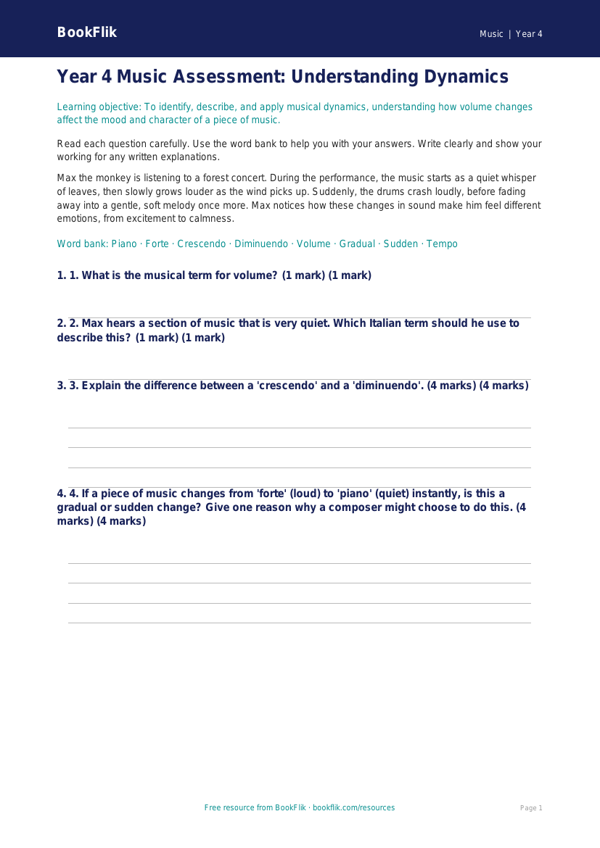 Free Dynamics Assessment for Year 4 Music Students | BookFlik worksheet preview — Music Dynamics