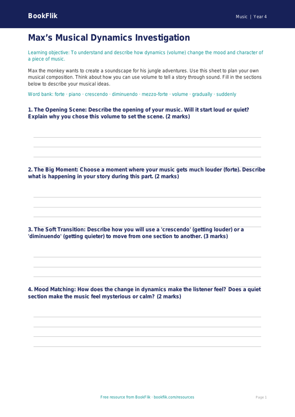 Free Dynamics Template | Year 4 | Music | BookFlik worksheet preview — Music Dynamics