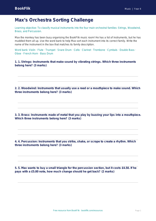 Free Instruments Activity Sheet | Year 4 | Music | BookFlik worksheet preview — Music Instruments