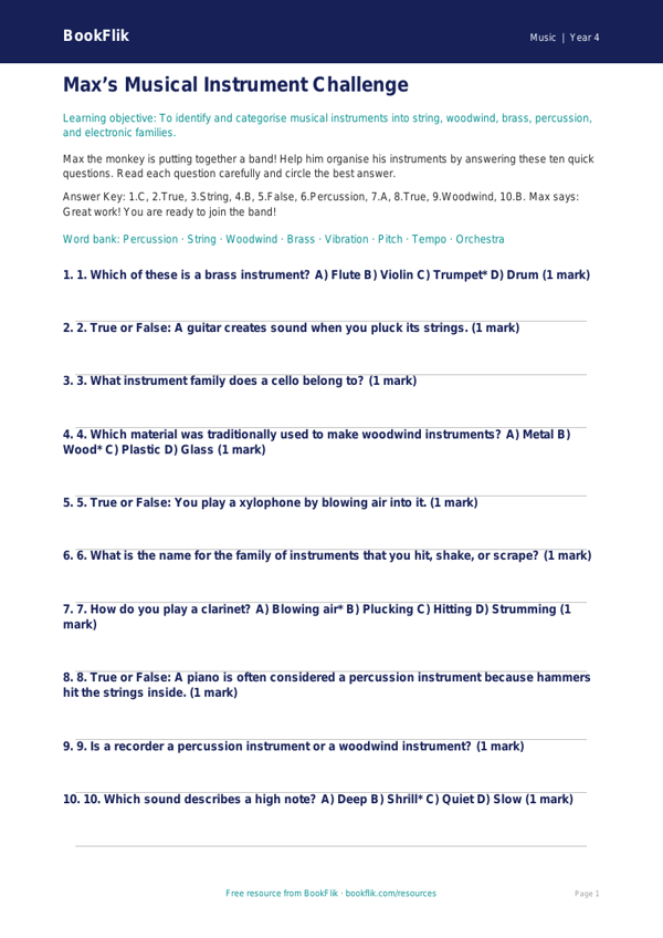 Free Instruments Quiz | Year 4 | Music | BookFlik worksheet preview — Music Instruments