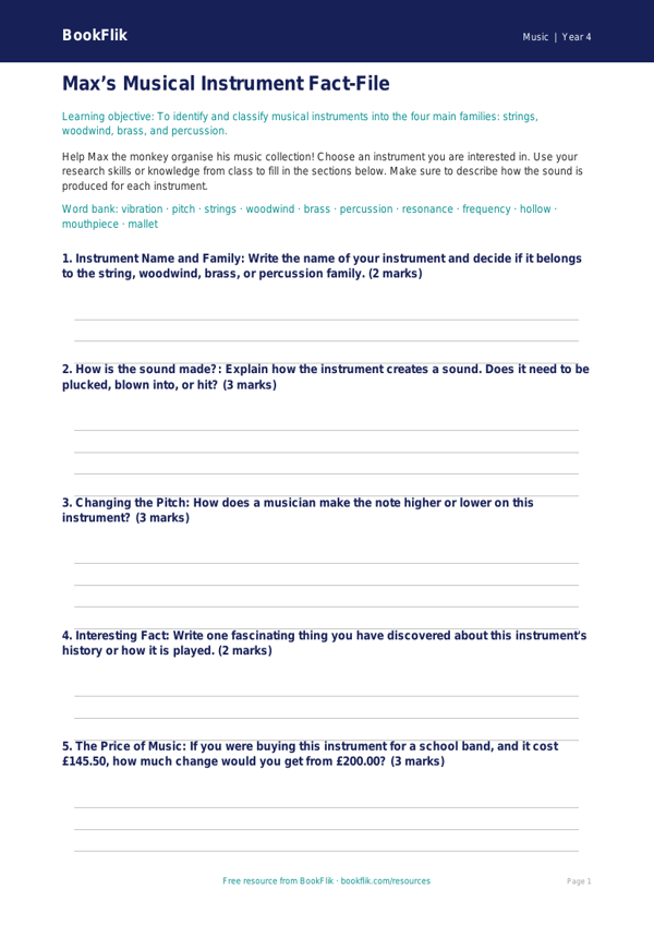 Free Instruments Template | Year 4 | Music | BookFlik worksheet preview — Music Instruments