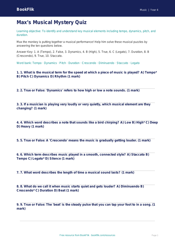 Free Musical Elements Quiz | Year 4 | Music | BookFlik worksheet preview — Music Musical Elements