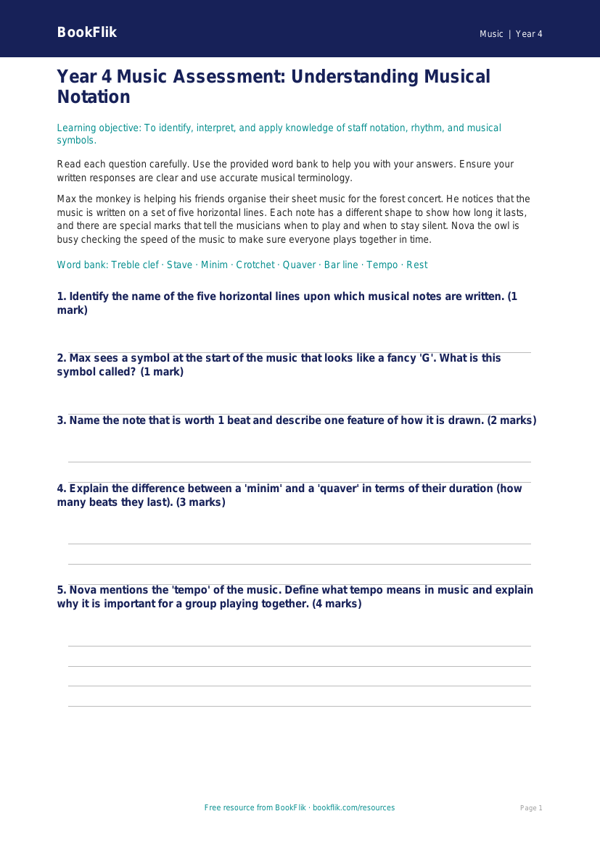 Free Notation Assessment | Year 4 | Music | BookFlik worksheet preview — Music Notation