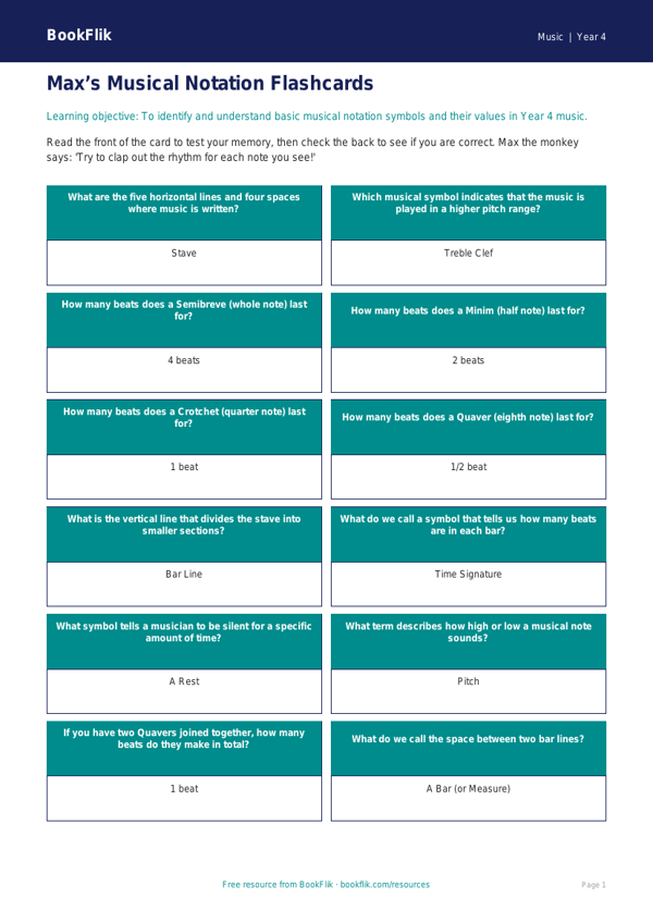 Music notation flashcards year 4 core worksheet preview — Music Notation