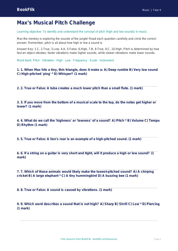 Free Music Pitch Quiz | Year 4 | BookFlik worksheet preview — Music Pitch