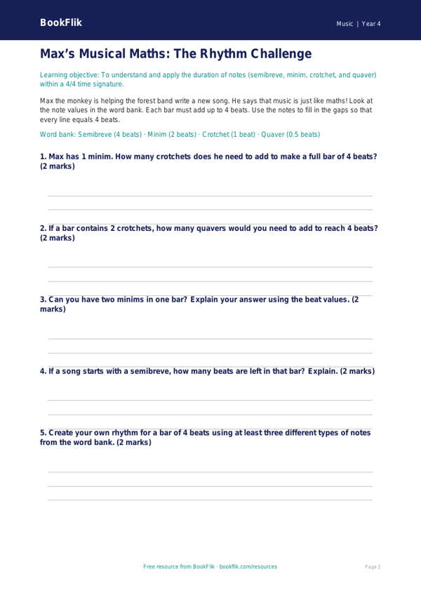Free Rhythm Activity Sheet | Year 4 | Music | BookFlik worksheet preview — Music Rhythm