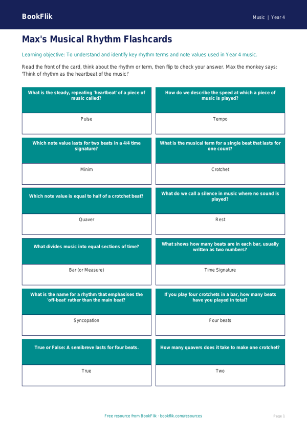Free Rhythm Flashcards | Year 4 | Music | BookFlik worksheet preview — Music Rhythm