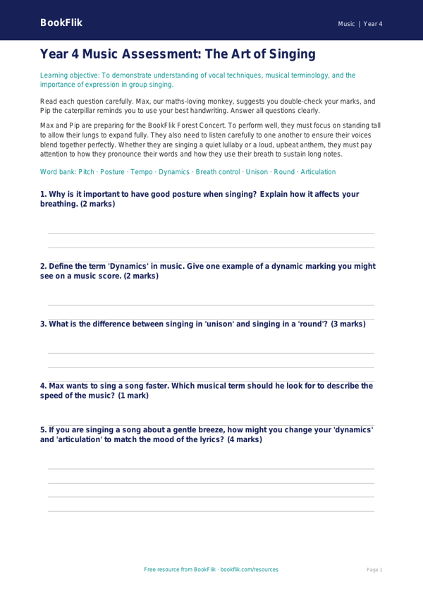 Free Singing Assessment for Year 4 Music Students | BookFlik worksheet preview — Music Singing