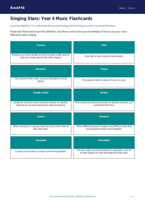 Music singing flashcards year 4 core worksheet preview — Music Singing