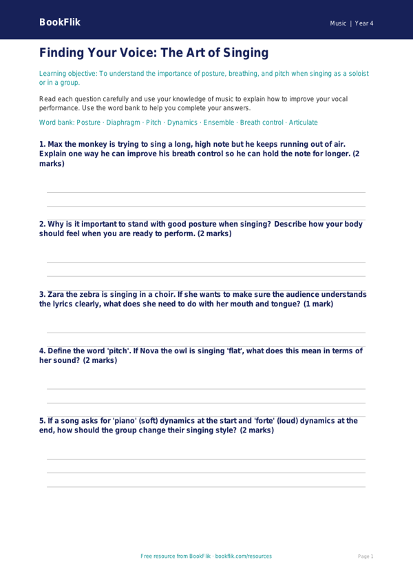 Free Singing Worksheet | Year 4 | Music | BookFlik worksheet preview — Music Singing