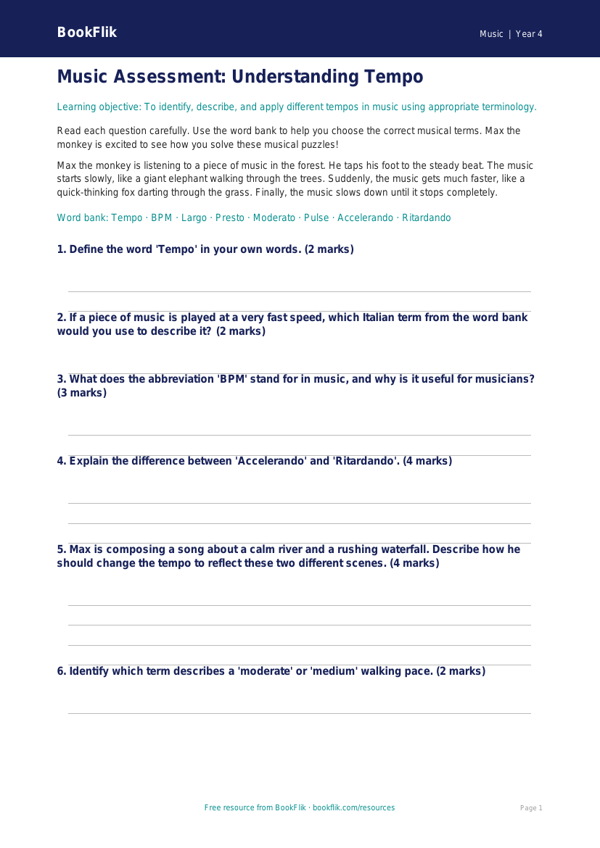Free Tempo Assessment | Year 4 | Music | BookFlik worksheet preview — Music Tempo