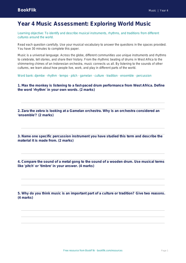 Free World Music Assessment for Year 4 Students | BookFlik worksheet preview — Music World Music