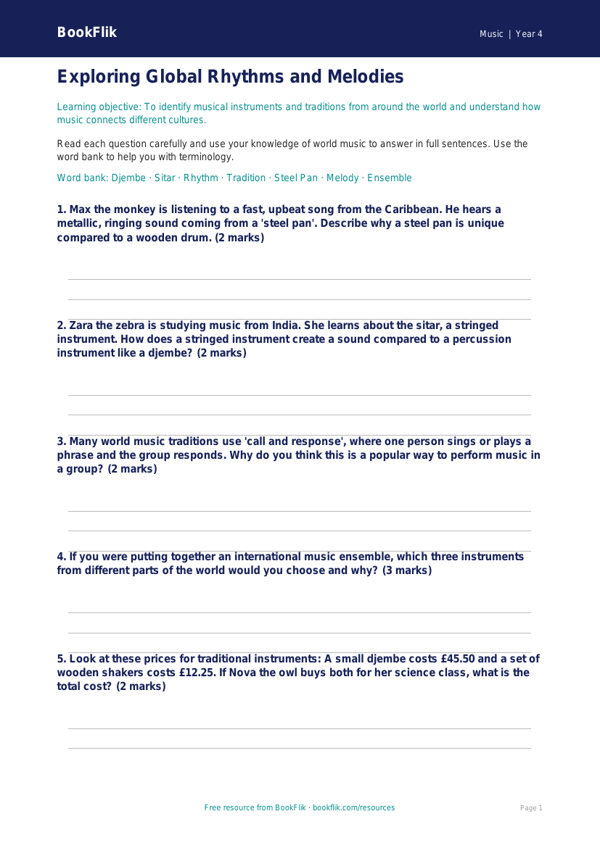 Free World Music Worksheet for Year 4 Students | BookFlik worksheet preview — Music World Music