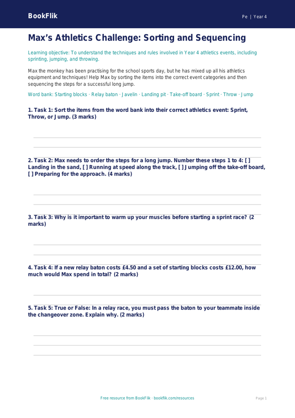 Pe athletics activity sheet year 4 core worksheet preview — Pe Athletics