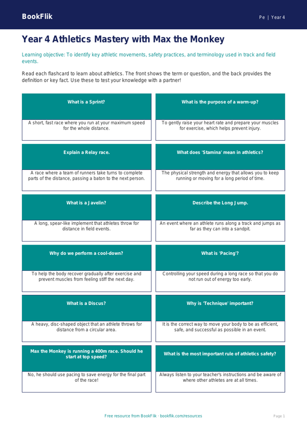 Free Athletics Flashcards for Year 4 Students | BookFlik worksheet preview — Pe Athletics