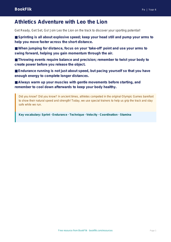 Free Athletics Poster for Year 4 Students | BookFlik worksheet preview — Pe Athletics