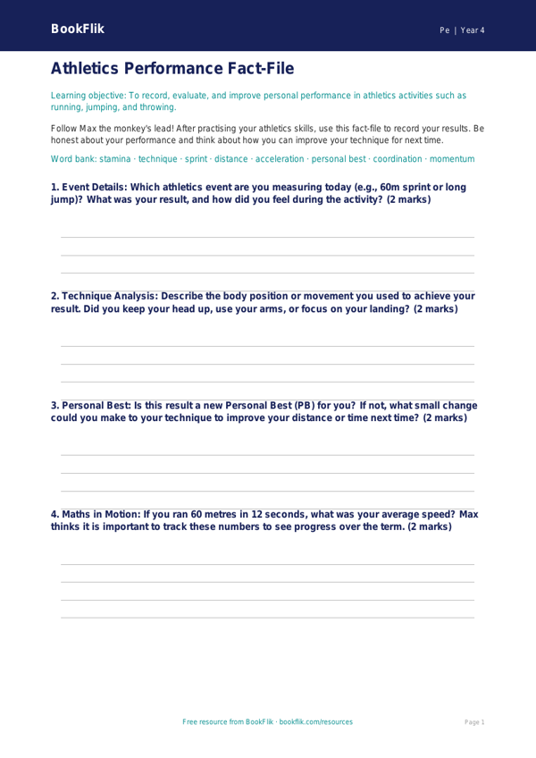 Free Athletics Template for Year 4 PE | BookFlik worksheet preview — Pe Athletics
