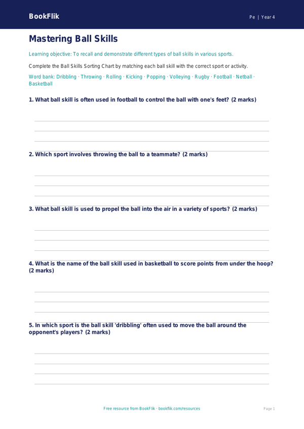Free Ball Skills Activity Sheet for Year 4 PE | BookFlik worksheet preview — Pe Ball Skills