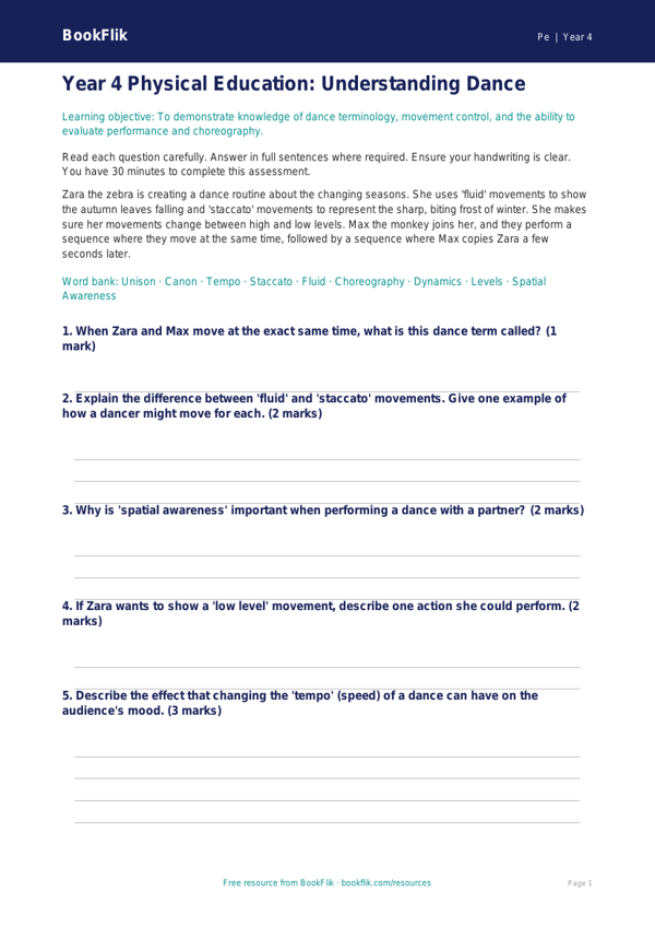 Free Dance Assessment for Year 4 Students | BookFlik worksheet preview — Pe Dance
