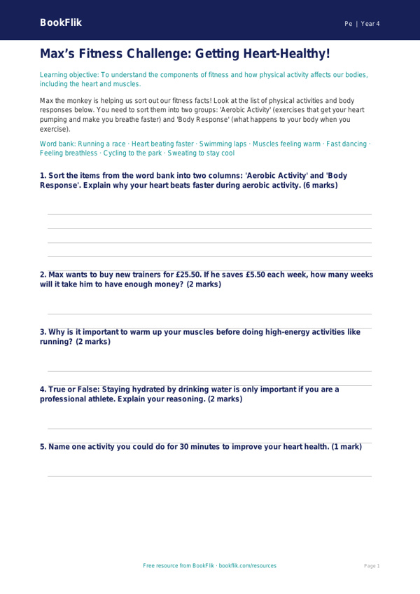 Pe fitness activity sheet year 4 core worksheet preview — Pe Fitness