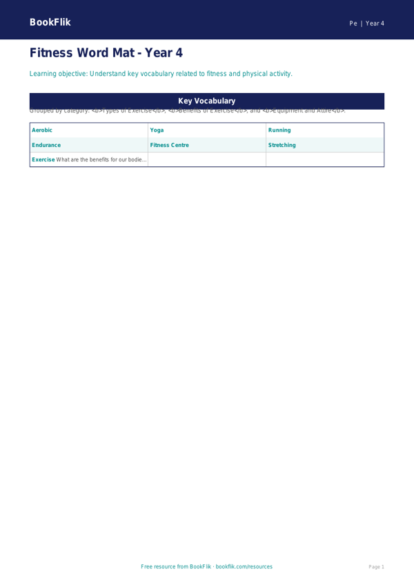 Free Fitness Word Mat for Year 4 | Physical Education | BookFlik worksheet preview — Pe Fitness